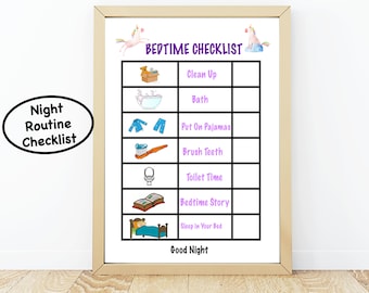 May include: A printable bedtime checklist with colorful illustrations of a unicorn, bath, pajamas, toothbrush, toilet, book, and bed. The checklist includes the text "BEDTIME CHECKLIST", "Clean Up", "Bath", "Put On Pajamas", "Brush Teeth", "Toilet Time", "Bedtime Story", "Sleep in Your Bed", and "Good Night".
