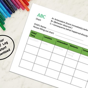 Gedragslogboek voor autistisch kind, gedragsgrafiek voor autisme, ABC-grafiek, afdrukbaar autisme, autismegrafiek, autisme-werkblad