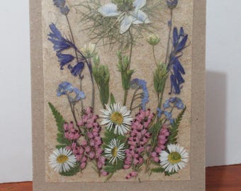 Handmade Pressed Flower Card: REAL Wild Meadow flowers, Dried Floral Greetings, Blank, Forget-me-not, Heather