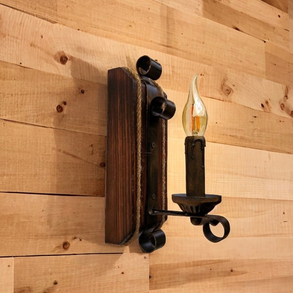 Wooden sconce for farmhouse, Wooden lamp with candle, Sconce candle, Gothic unique lamp, black sconce, restaurant lighting