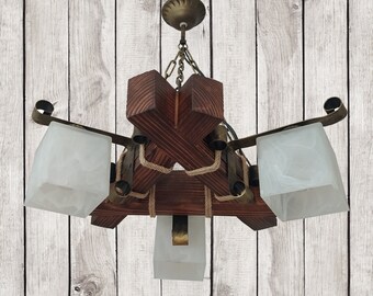 Handmade Wooden Pendant Chandelier, Rustic Farmhouse Style Light Fixture, Handcrafted, Wooden Lamp, Unique Lighting, Iron Chandelier