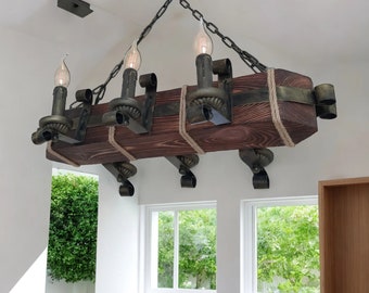 Rustic Wooden Pendant Chandelier - Handmade Industrial Style Light Fixture with Wood Beam Lamp for Restaurants and Dining Spaces