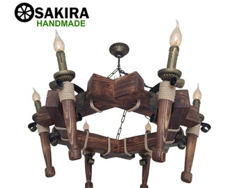 Candelabro de madera hecho a mano para casa de campo, lámpara rústica para salas de vino y restaurantes, lámpara de madera, iluminación con vigas de madera