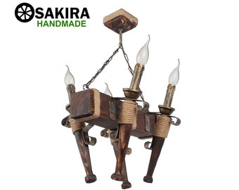 Wood Pendant Light, Wooden beam lamp for rustic farmhouse, Handmade wood light fixture for gazebo, Outdoor lighting in medieval style