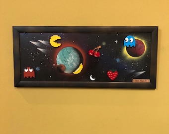 PacMan in Space, Pac-Man Ghost Retro Wall, 80's Arcade Game, Atari, Video Game Room, Collectibles,  Man Cave Décor, Special Gift, Arcade