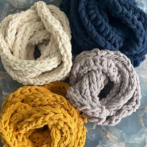 Finger knit Infinity Scarves; Chunky Solid, Solid, Ombré, and Multi colored