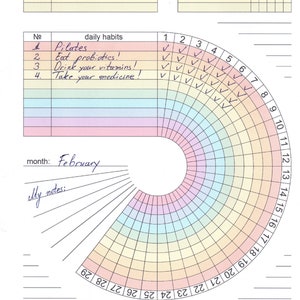 Printable Circle Habit Tracker with Rainbow Colours: Daily, Weekly and Monthly Habits, Vertical Layout, A4 Size, Instant Download