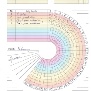 Printable Circle Habit Tracker with Rainbow Colours: Daily, Weekly and Monthly Habits, Vertical Layout, A4 Size, Instant Download