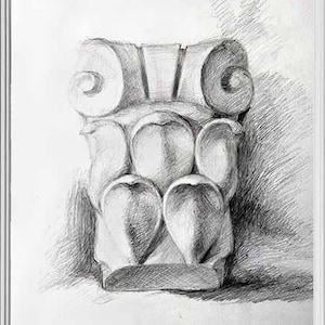 Eclectic Capital with Ionic Volutes: Black and White Digital Print of a Handmade Pencil Drawing of Architectural Detail, Instant Download