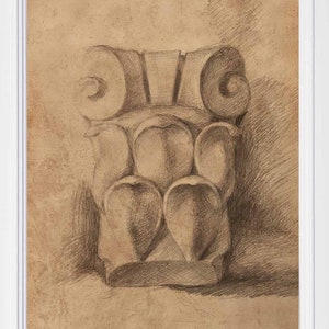 Architectural Capital with Ionic Volutes: Printable Eclectic Architecture Artwork, Digital Print of an Old Pencil Drawing, Instant Download