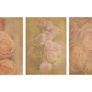 May include: Three sheets of lined paper with a vintage aesthetic featuring a faded floral pattern of pink and cream roses.