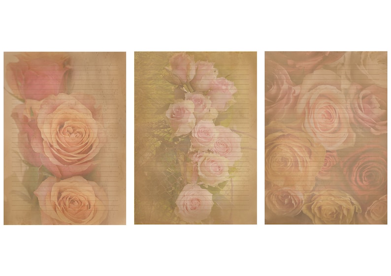 May include: Three sheets of lined paper with a vintage aesthetic featuring a faded floral pattern of pink and cream roses.