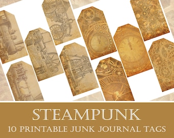 Steampunk Junk Journal Tags, Gift Tags, Digital and Printable Ephemera Tags with Shabby Clocks, Gears and Machines, Instant Download