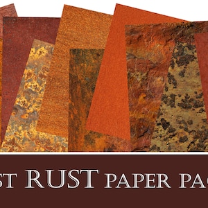 Puede incluir: Un paquete de 10 papeles digitales con diferentes texturas de óxido en tonos naranja, marrón y rojo. Los papeles son perfectos para agregar un toque vintage, industrial o rústico a tus proyectos digitales.