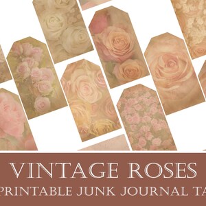 Vintage Rose Junk Journal Tags, Floral Gift Tags, Digital and Printable Ephemera Tags, Shabby Tags, Retro Scrapbook Tags, Téléchargement instantané