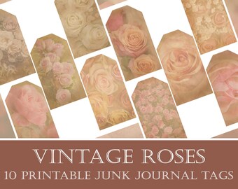 Vintage Rosen Junk Journal Tags, Florale Geschenkanhänger, digitale und druckbare Ephemera Tags, Shabby Tags, Retro Scrapbook Tags, Instant Download