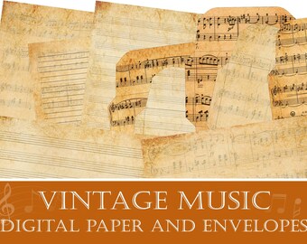 Old Musical Digital Papers: Envelopes and Sheets, Printable Writing Sheets and Mailers with Five-Line Staves and Notes, Instant Download