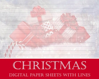 Christmas Paper Writing Sheets with Lines, 10 Digital and Printable Winter A4 Pages, Downloadable Christmas Stationery Set, Instant Download