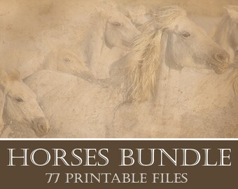 Horses Bundle: 77 Digital and Printable Files - Junk Journal Paper Sheets, Envelopes, Wall Decor, ATC Cards, Habit Tracker; Instant Download