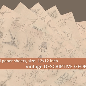 Op de afbeelding: Een digitaal papierpakket met 8 vellen met vintage illustraties van geometrische vormen en figuren. De vellen zijn 12x12 inch groot en hebben een crèmekleurige achtergrond. Vintage Descriptive Geometry.