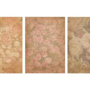 May include: Three sheets of lined paper with a vintage floral pattern in shades of pink and brown. The paper is suitable for writing letters or journaling.
