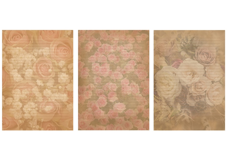 May include: Three sheets of lined paper with a vintage floral pattern in shades of pink and brown. The paper is suitable for writing letters or journaling.