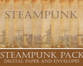 Steampunk Briefpapierblätter und Briefumschläge, blanko Seiten und mit Linien, digitales und druckbares Retro-Paket mit Mailern, Direkter Download