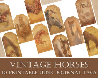 Vintage Horses Junk Journal Tags, Digital and Printable Ephemera Tags, Retro Horses Gift Tags, Old Tags for Scrapbooking, Instant Download