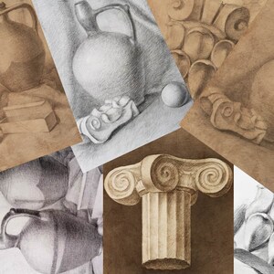 Pencil Drawings Bundle, Digital Printable Images of Architectural Capitals and Still Life, Classic Pencil Art Wall Decor, Instant Download