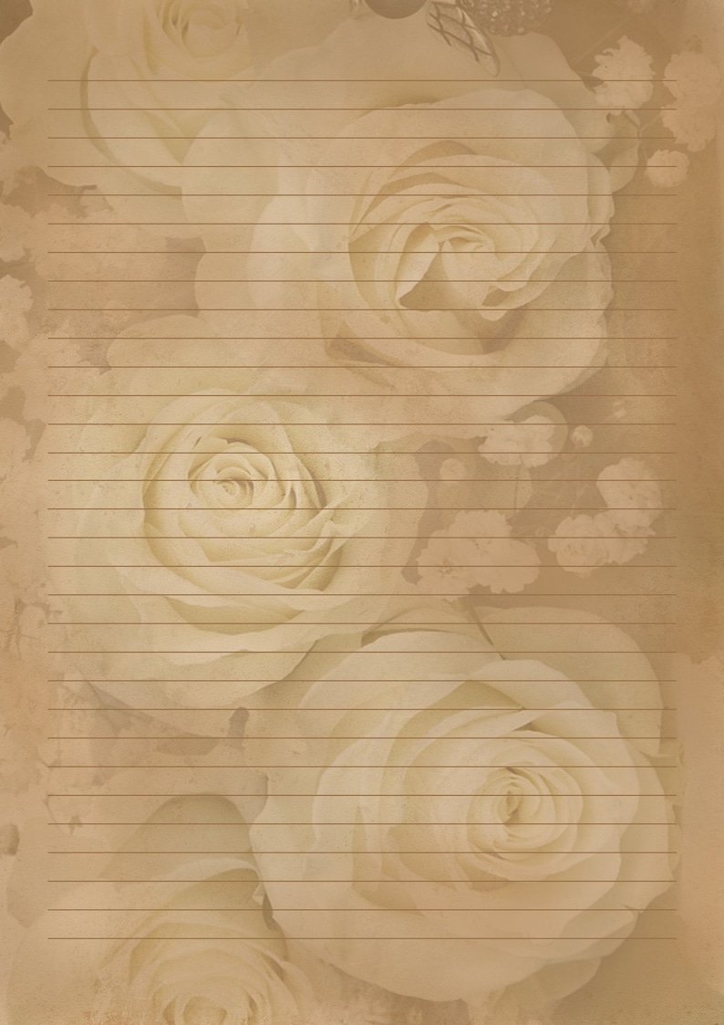 May include: A vintage-style lined paper background with a faded image of white roses. The paper has a light brown colour and the roses are slightly blurred.