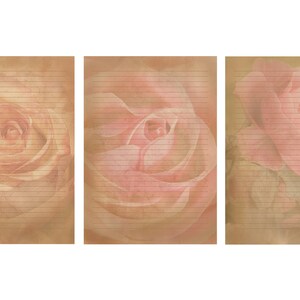 May include: Three vintage-style lined paper sheets featuring a faded pink rose design. The paper has a brown background and is ideal for writing letters or keeping a journal.