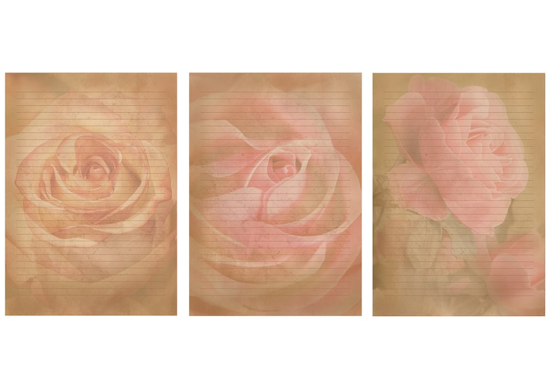 May include: Three vintage-style lined paper sheets featuring a faded pink rose design. The paper has a brown background and is ideal for writing letters or keeping a journal.
