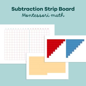 Può includere: Tre strumenti di apprendimento della matematica Montessori su sfondo azzurro. Il testo in alto recita "Subtraction Strip Board Montessori math". Gli strumenti includono una griglia, una tavola a strisce rossa e blu e una tavola a strisce gialla.