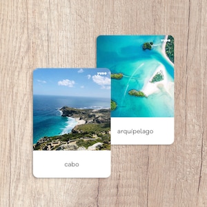 10 LANDFORMS cards in Portuguese, Land & Water Forms 3-Part Real images Cards, Montessori geography unit study for kids, Landscape flashcard
