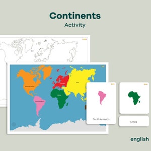 Kontinente Weltkarte, Montessori Geographie 3-teilige Karten, Montessori farbig codiert, druckbare Montessori-Materialien, digitaler Download