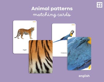 May include: Four flash cards for a matching game. The cards feature a tiger, a macaw, a tiger stripe pattern, and a macaw feather pattern. The cards are labeled "tiger" and "macaw". The text "Animal patterns matching cards" is at the top of the image.