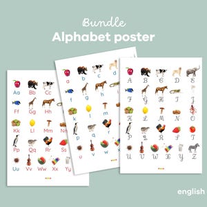 Pode incluir: Três cartazes do alfabeto com ilustrações coloridas de animais e objetos, cada um emparelhado com uma letra do alfabeto. Os cartazes são intitulados "Bundle Alphabet poster" e são projetados para fins educacionais.