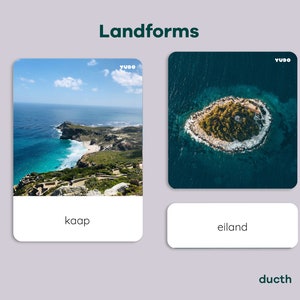 10 tarjetas LANDFORMS en holandés, Tarjetas de imágenes reales de 3 partes de formas terrestres y acuáticas, estudio de unidad de geografía Montessori para niños, tarjeta flash de paisaje