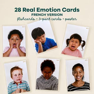 Pode incluir: Um conjunto de 28 cartões de emoções reais, versão francesa, incluindo flashcards, cartões de 3 partes e um cartaz. Os cartões apresentam fotografias de crianças exibindo várias expressões faciais, incluindo surpresa, tédio, tristeza, medo, raiva e alegria.