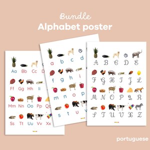 Pode incluir: Três cartazes do alfabeto com o texto "Bundle Alphabet poster". Cada cartaz apresenta as letras do alfabeto com imagens correspondentes de objetos e animais. A palavra "portuguese" está escrita na parte inferior.