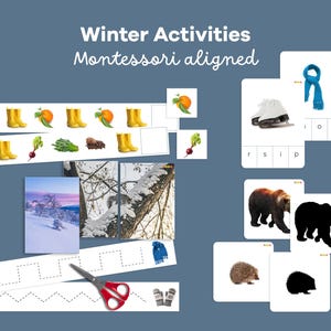 Pode incluir: Materiais educativos para atividades de inverno, alinhados com Montessori. Inclui imagens de botas de inverno, laranjas, patins de gelo, um cachecol, um urso, um ouriço e uma paisagem de inverno. Também inclui tesouras vermelhas e luvas.