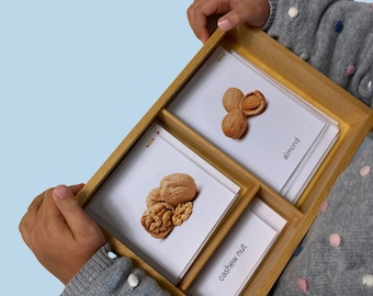 May include: A wooden tray with three compartments, each containing a card with a picture of a nut and the name of the nut. The nuts are an almond, a cashew nut, and a walnut.