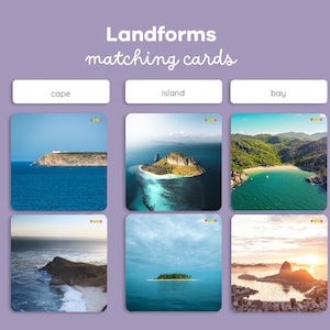 Puede incluir: Juego de tarjetas Landforms matching cards con el texto Landforms matching cards en la parte superior. El set incluye seis tarjetas cuadradas con fotos de un cabo, una isla y una bahía, cada una etiquetada con su nombre en un recuadro blanco.