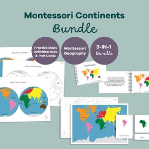 Pode incluir: Um pacote de continentes Montessori com materiais educativos, incluindo mapas de prática, um livro de definições e cartões de três partes. O conjunto exibe mapas-múndi coloridos com continentes em laranja, amarelo, verde, rosa e marrom em papel branco.