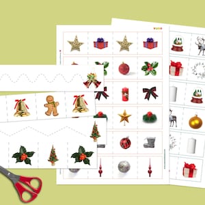 May include: Christmas-themed activity sheets with various festive images, including ornaments, gifts, and gingerbread men. The sheets also feature cutting practice lines and a pair of red-handled scissors.