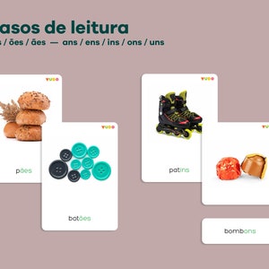 Pode incluir: Quatro flashcards com imagens e palavras em português. As palavras são "pões", "botões", "patins" e "bombons".