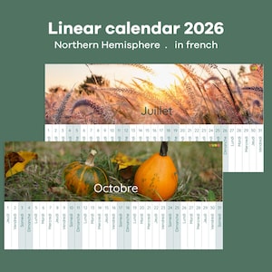以下が含まれることがあります： フランス語の2026年リニアカレンダー。夕焼けと草、カボチャの画像が特徴です。7月と10月のカレンダーで、曜日が表示されています。