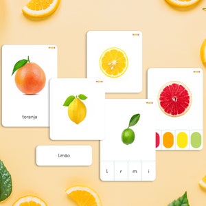 CITRUS Activity Homeschool. Fruits of the winter season. Montessori Botany Language Cards. Portuguese learning cards. Montessori 3-part card
