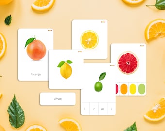 CITRUS Activity Homeschool. Fruits of the winter season. Montessori Botany Language Cards. Portuguese learning cards. Montessori 3-part card