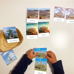 Wereldoriëntatiepunten, Geografie Montessori geïnspireerde nomenclatuurkaarten, Wereldwonderenkaarten, Monumenten Unit Study voor kinderen
